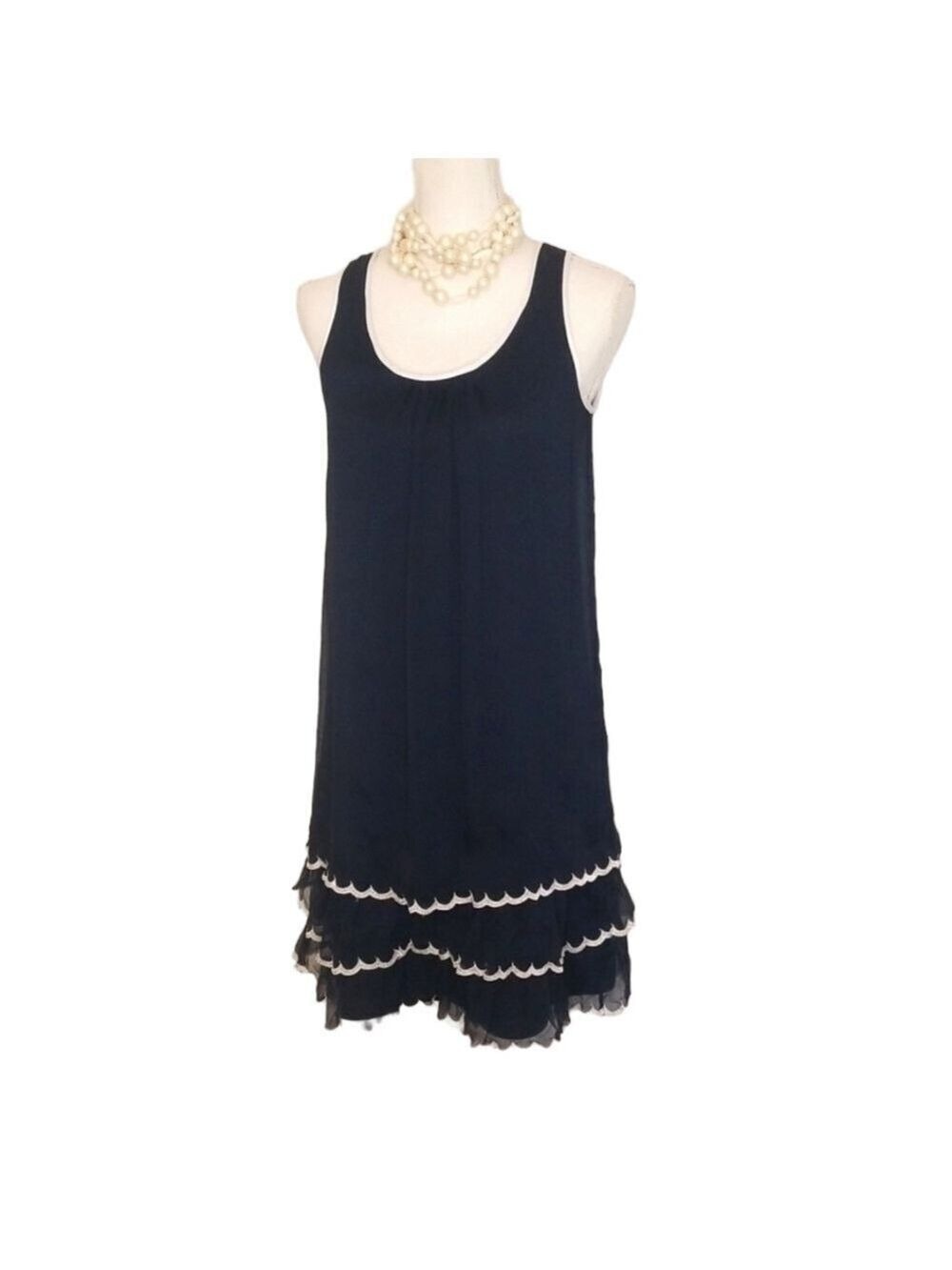 Doe & Rae Ruffle Layer Contrast Edging Tunic Dress. Sleeveless Shear Navy NWOT